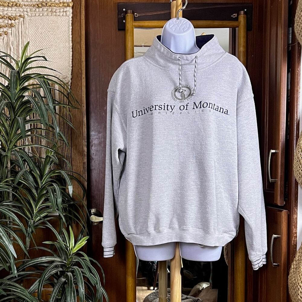 Vintage 90s GEAR University Montana Sweatshirt L Gray Mock Neck Side Pockets